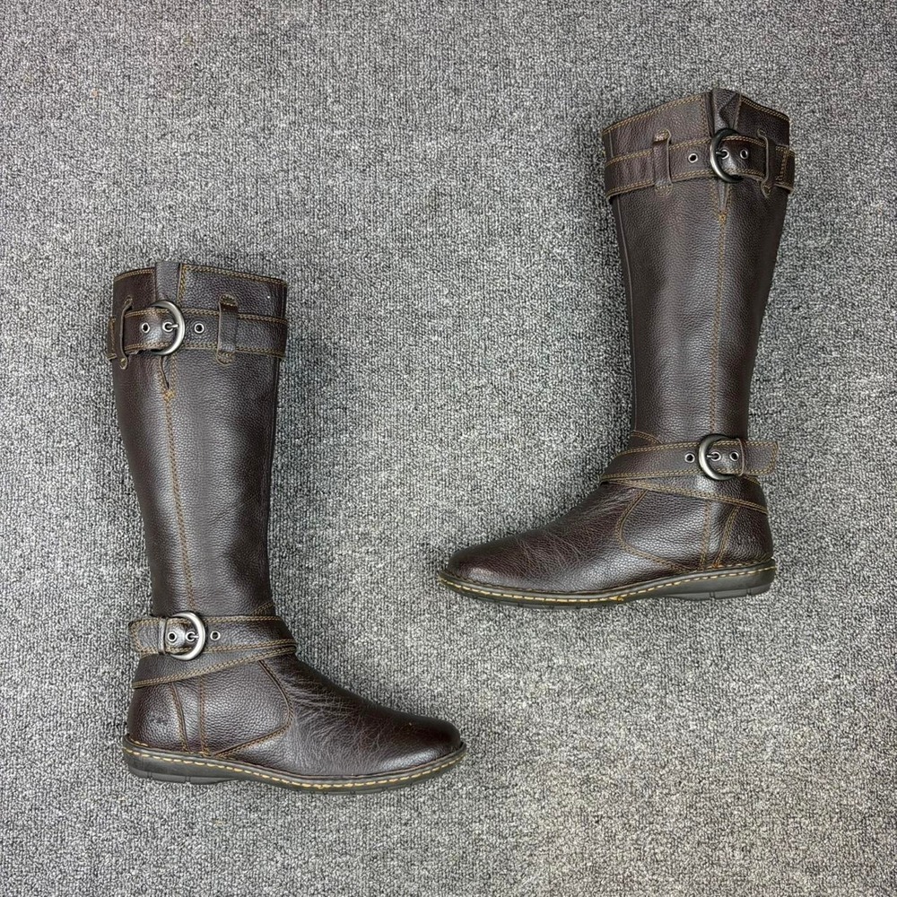 B.O.C. Brown Leather Side Zip Strap Buckle Tall Campus Riding Boots Size 7
